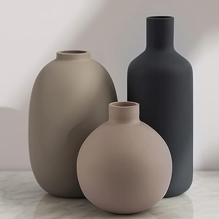 Ceramic Modern Farmhouse Vase, Neutral Small for Table, Living Room, Shelf, Bookshelf and Entryway Décor, Set of 3