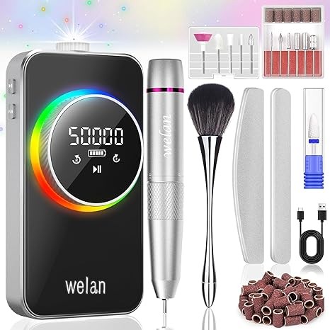 Electric Nail Drill Professional 50000RPM, Electric Nail File Portable for Acrylic Gel Nails, 6000mAh Rechargeable Nail Drill Machine, Nail Drill Kit with 12pcs Bits for Manicure Salon Home